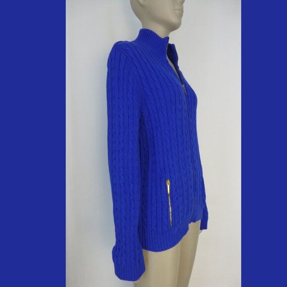 Lauren Ralph Lauren Blue Cable Knit Gold Zipper Zip Up Sweater - Picture 5 of 16